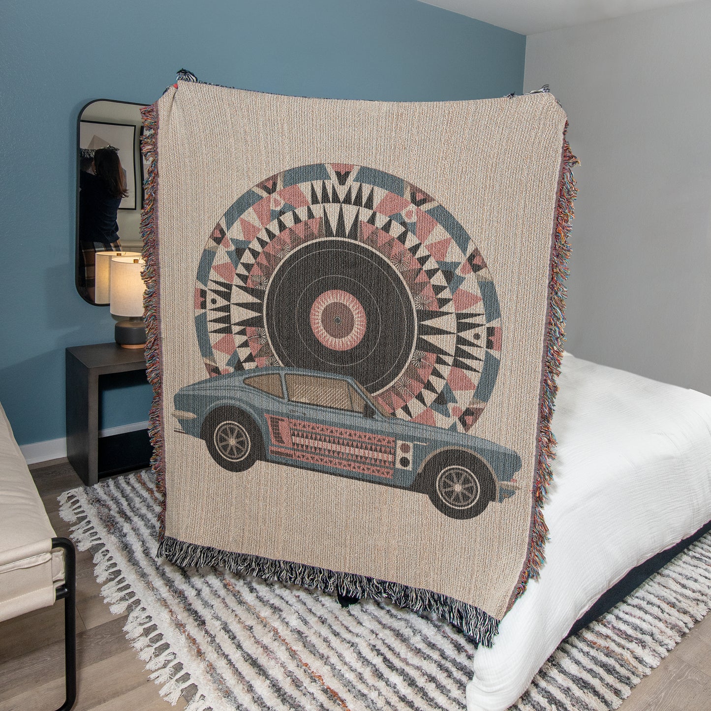 Geometric Car & Vinyl Record Woven Throw Blanket