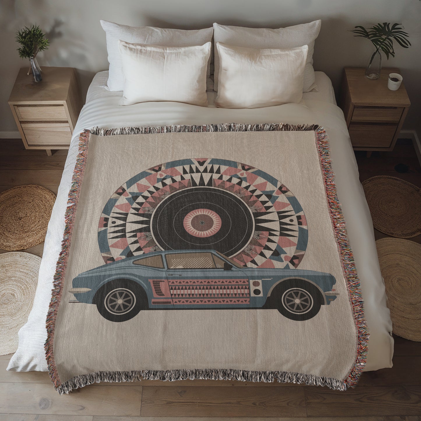 Geometric Car & Vinyl Record Woven Throw Blanket