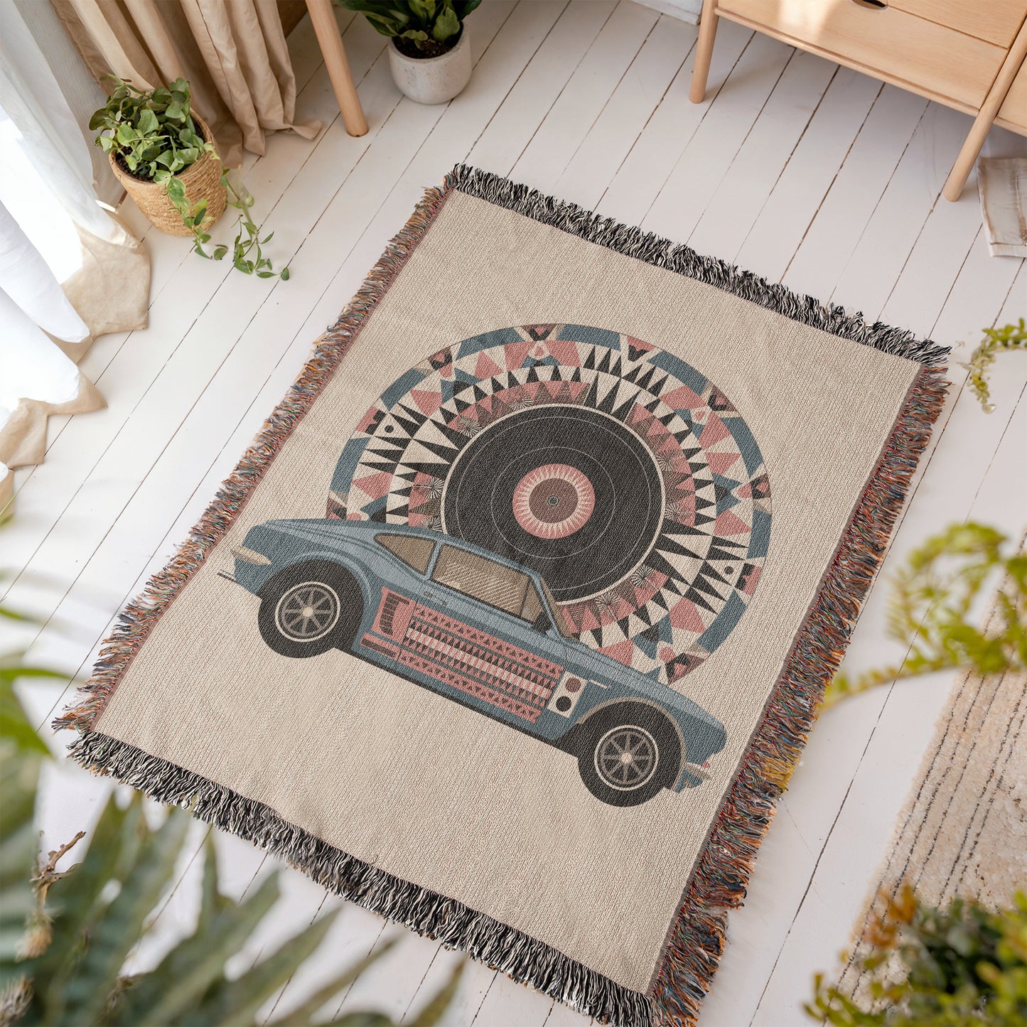 Geometric Car & Vinyl Record Woven Throw Blanket