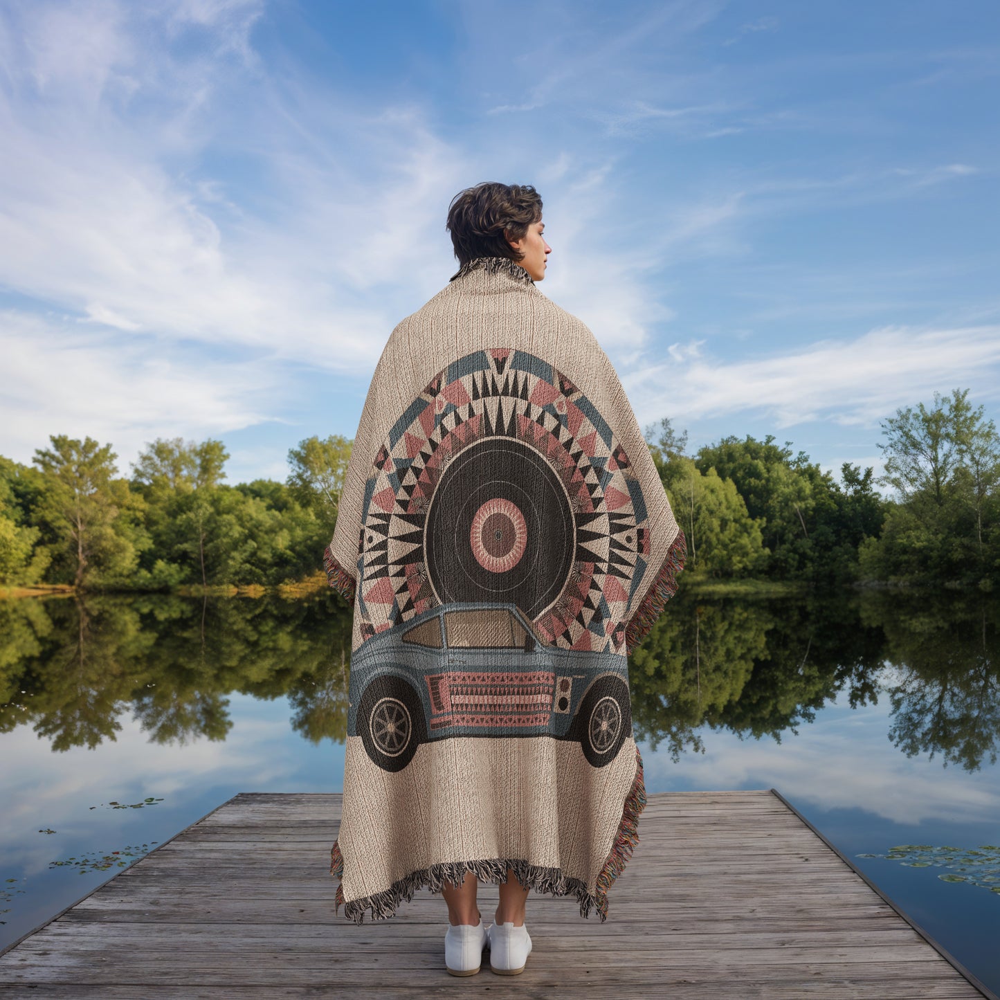 Geometric Car & Vinyl Record Woven Throw Blanket