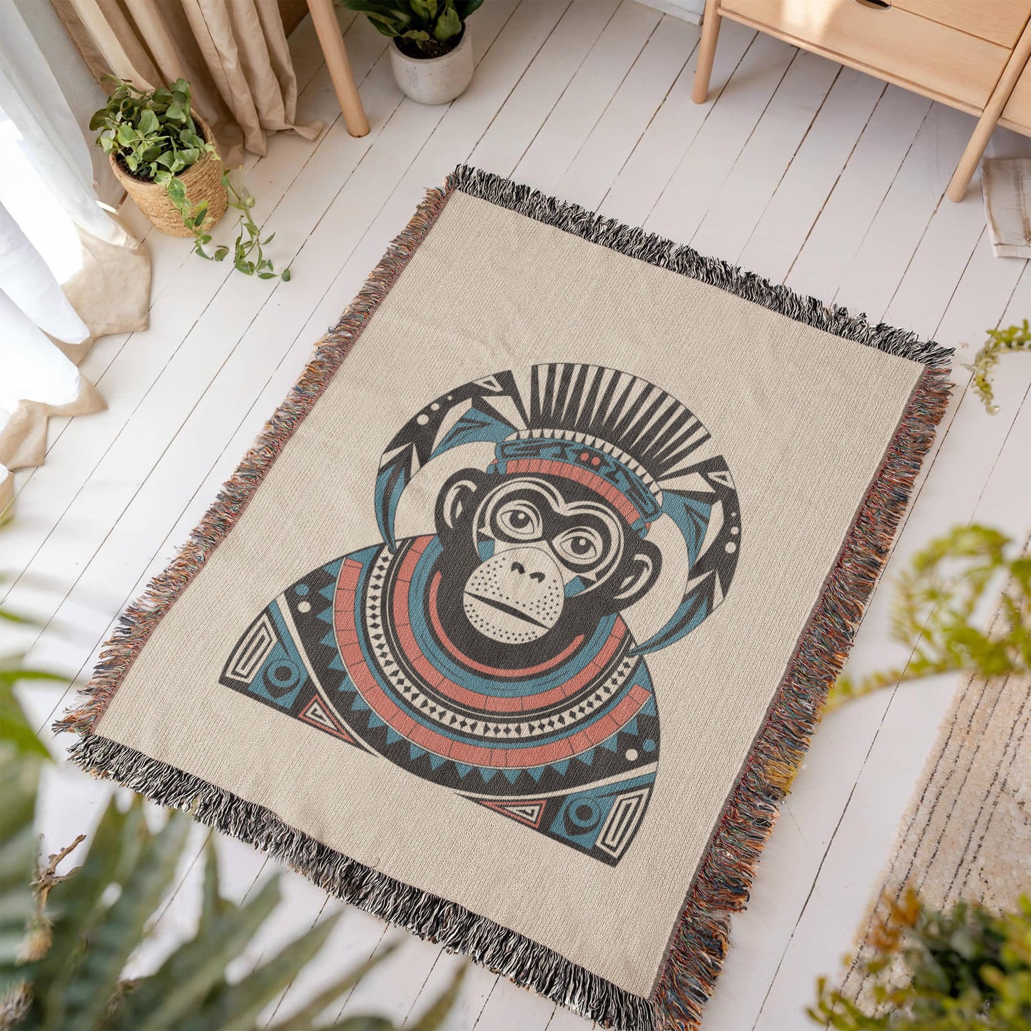 Cozy Tribal Monkey Woven Throw Blanket