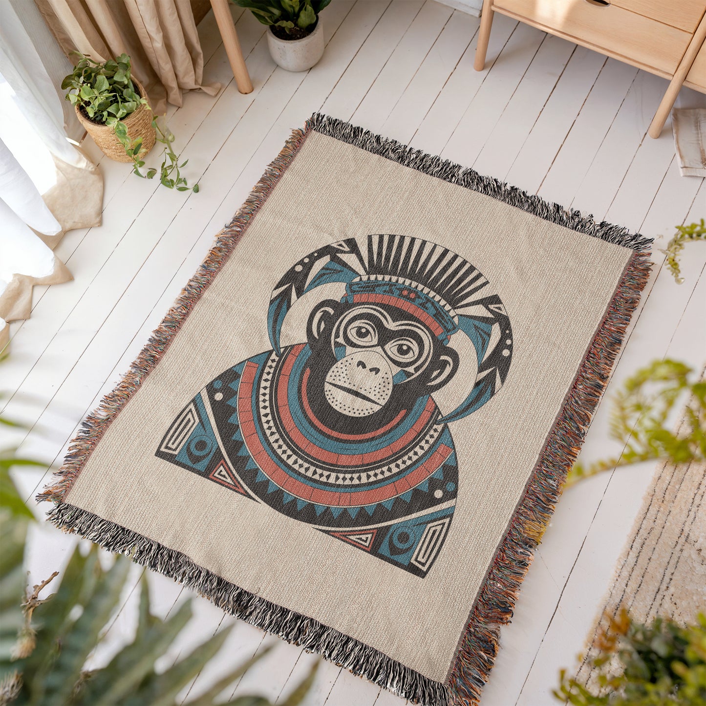 Tribal Monkey Woven Throw Blanket