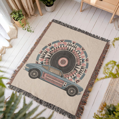 Cozy Retro Car and Vinyl Record Woven Throw Blanket