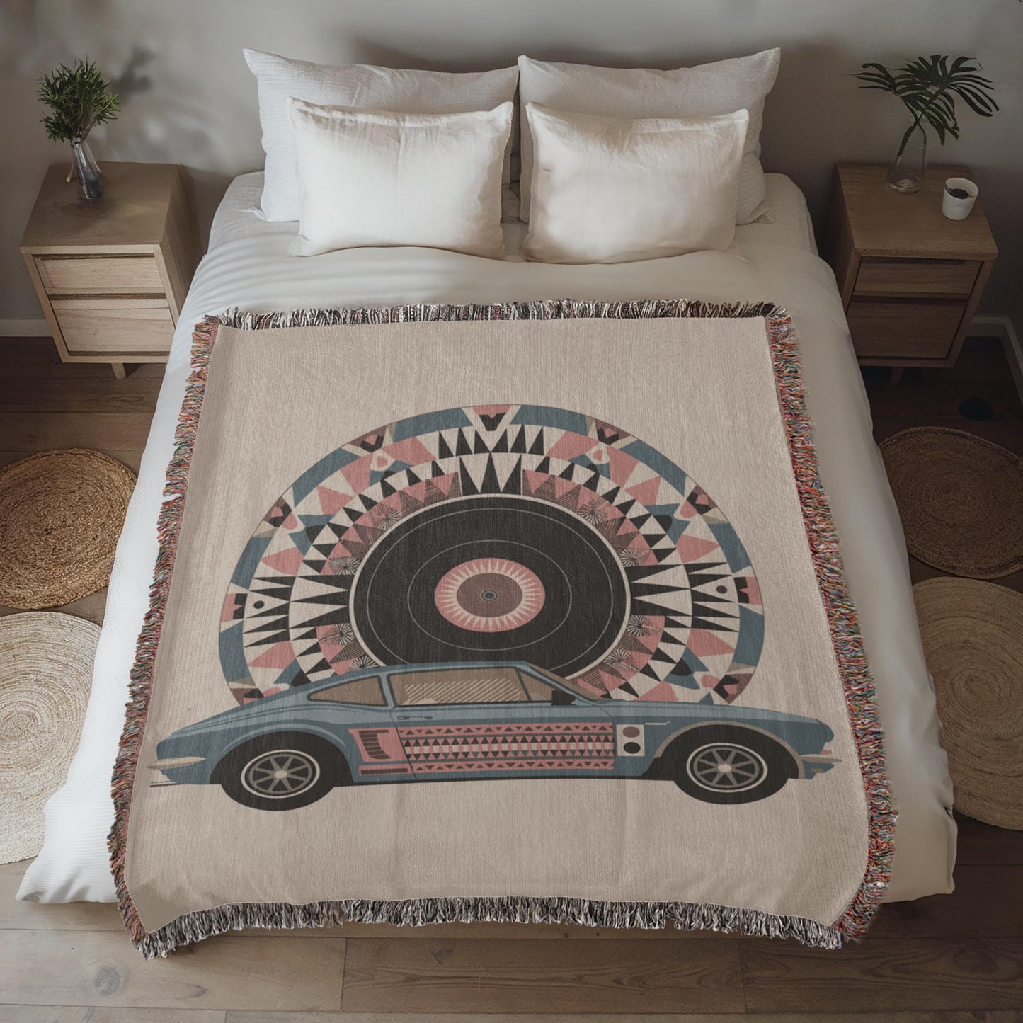 Cozy Retro Car and Vinyl Record Woven Throw Blanket