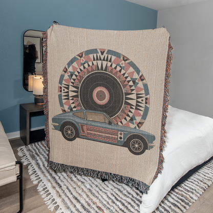 Cozy Retro Car and Vinyl Record Woven Throw Blanket